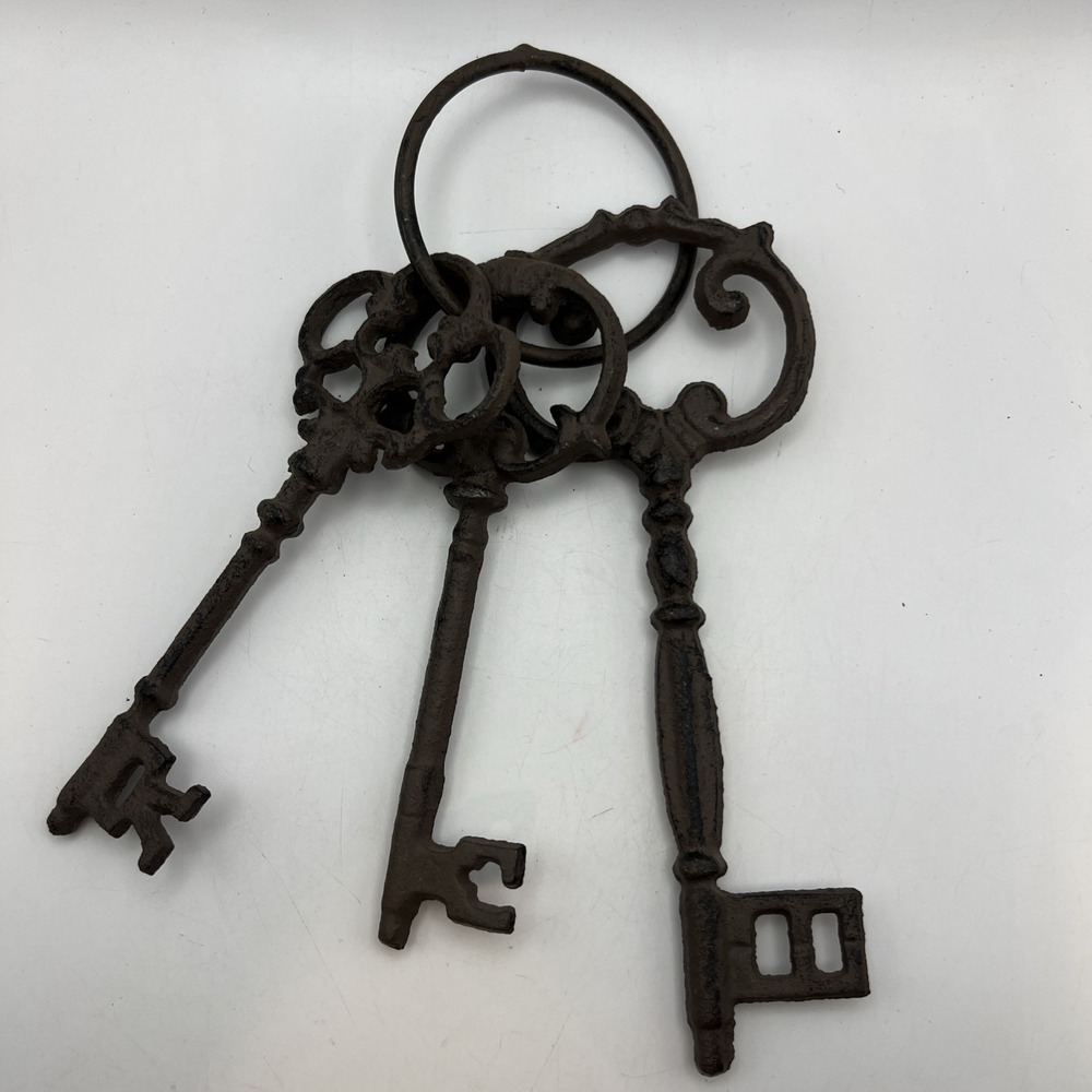 Large Cast Iron Skeleton Jail 3 Keys On Ring Rustic Western Decor Antique Brown